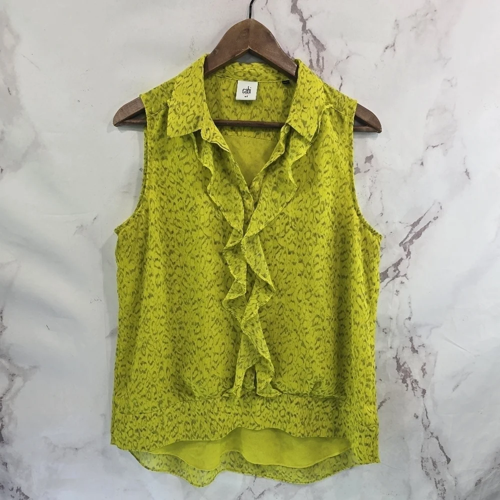 CAbi Shirt Womens Large Chartreuse Yellow Neon Tank Blouse Reign Ruffle 3071